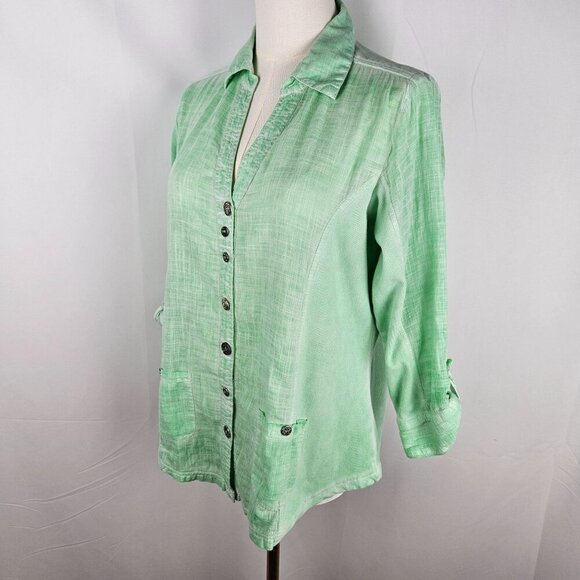 Parsley & Sage Green Button-Down Cotton Shirt Medium 3/4 Sleeve Boho - Picture 3 of 9